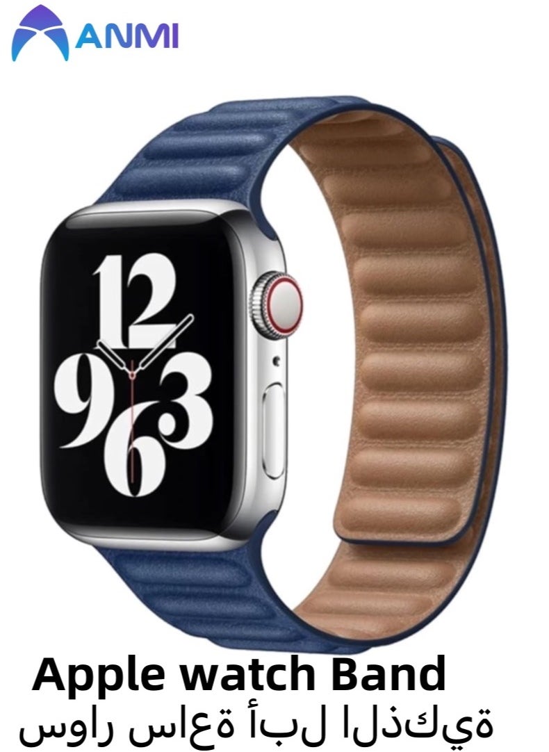 Anmi Leather Magnetic loop Strap Compatible with Apple watch Series Ultra 2 | 9 | 8 Ultra | 8 | 7 | 6 | 5 | 4 | 3 | SE, strap for iWatch Apple Watch Band 42mm 44mm 45mm 49mm (Blue)  - Image 1