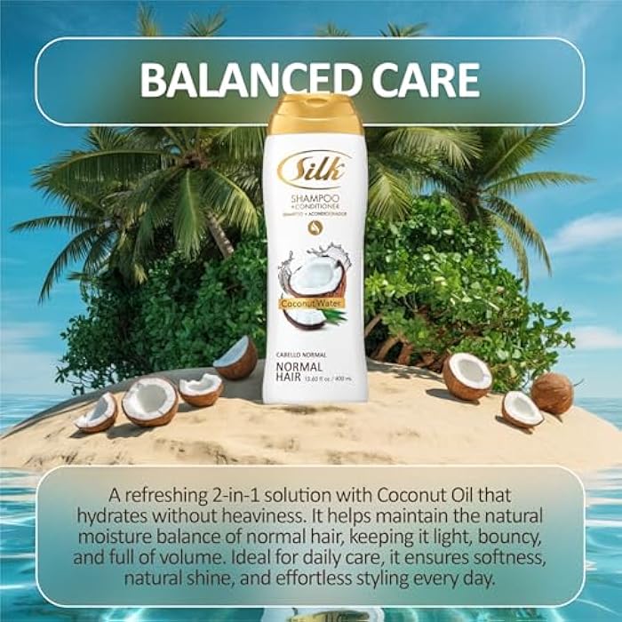 SILK 2 in 1 Shampoo and Conditioner for Normal Hair – Moisturizing Wash with Coconut Oil – Anti-Frizz, Detangling & Smoothing for Men & Women – Coconut Water Scent, 13.6 fl oz (Pack of 6) - Image 3
