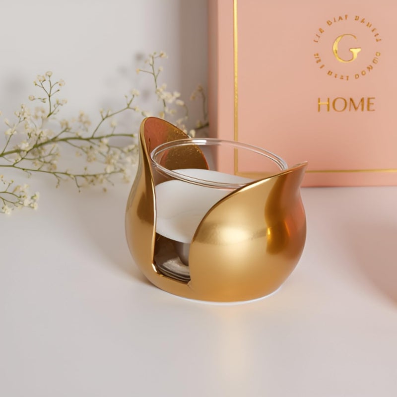 THE GIFT STUDIO.COM Tulip Shaped Metal T-Light Holder with Glass Votive | Decorative Candle Holder for Home Décor & Gifting | Elegant Gold Finish | Festive Decoration Accent (10 x 8 x 7.6 cm) - Image 3