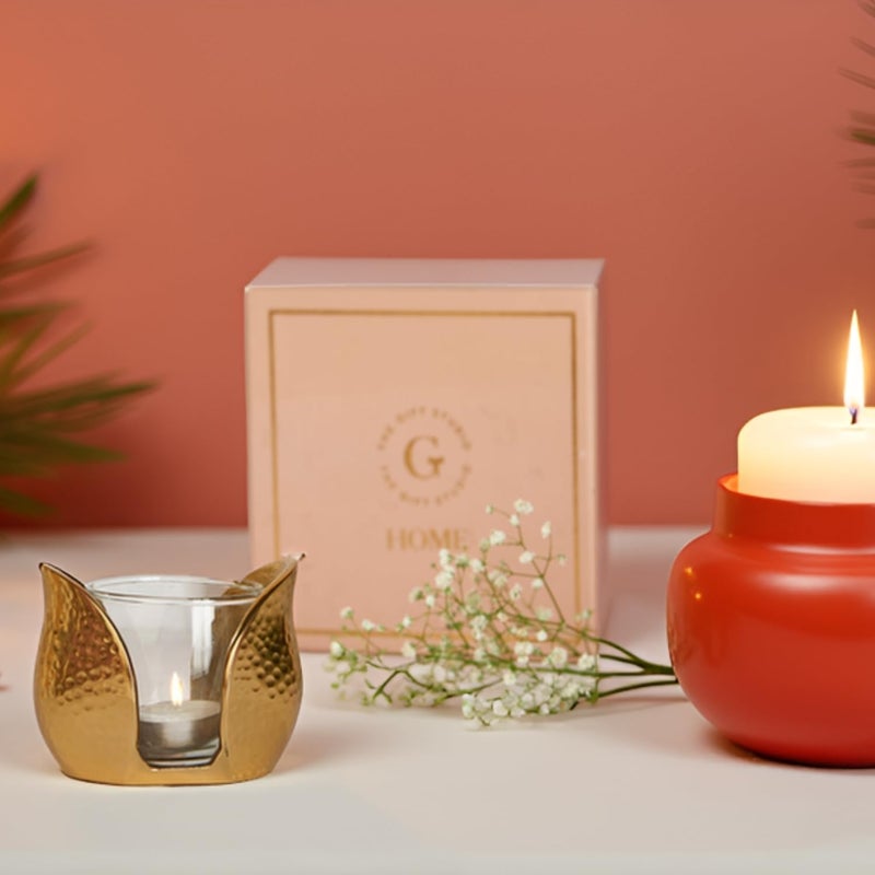 THE GIFT STUDIO.COM Tulip Shaped Metal T-Light Holder with Glass Votive | Decorative Candle Holder for Home Décor & Gifting | Elegant Gold Finish | Festive Decoration Accent (10 x 8 x 7.6 cm) - Image 5