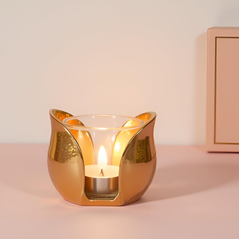 THE GIFT STUDIO.COM Tulip Shaped Metal T-Light Holder with Glass Votive | Decorative Candle Holder for Home Décor & Gifting | Elegant Gold Finish | Festive Decoration Accent (10 x 8 x 7.6 cm) - Image 2