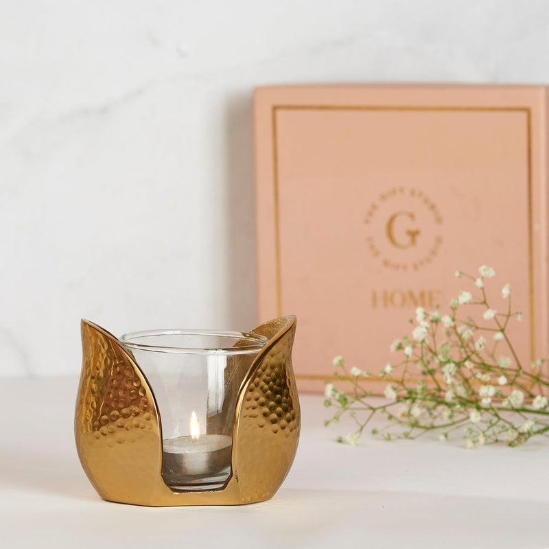 THE GIFT STUDIO.COM Tulip Shaped Metal T-Light Holder with Glass Votive | Decorative Candle Holder for Home Décor & Gifting | Elegant Gold Finish | Festive Decoration Accent (10 x 8 x 7.6 cm) - Image 1