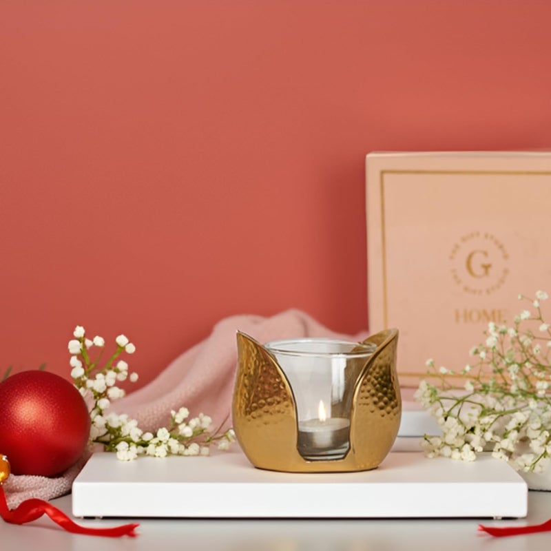THE GIFT STUDIO.COM Tulip Shaped Metal T-Light Holder with Glass Votive | Decorative Candle Holder for Home Décor & Gifting | Elegant Gold Finish | Festive Decoration Accent (10 x 8 x 7.6 cm) - Image 4