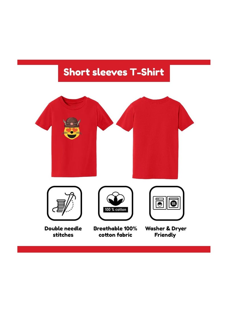 PRINTSHOP4ME - Christmas Emoji Kids Red T-Shirt For Girls–Soft Cotton Round Neck Short Sleeve T-Shirt With Smiley Face Emoji–Great For Parties - Image 1