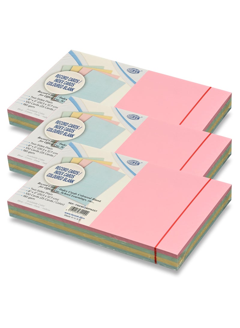 FIS® Record Cards or Index Cards, Size:8"x5" Inches (203x127mm), Two Sides Plain No Ruled, 180gsm, 100 Sheets Per Packet, 4 Assorted Colors,Packet of 3 Pieces-FSIC85-180PASST-3 - Image 1