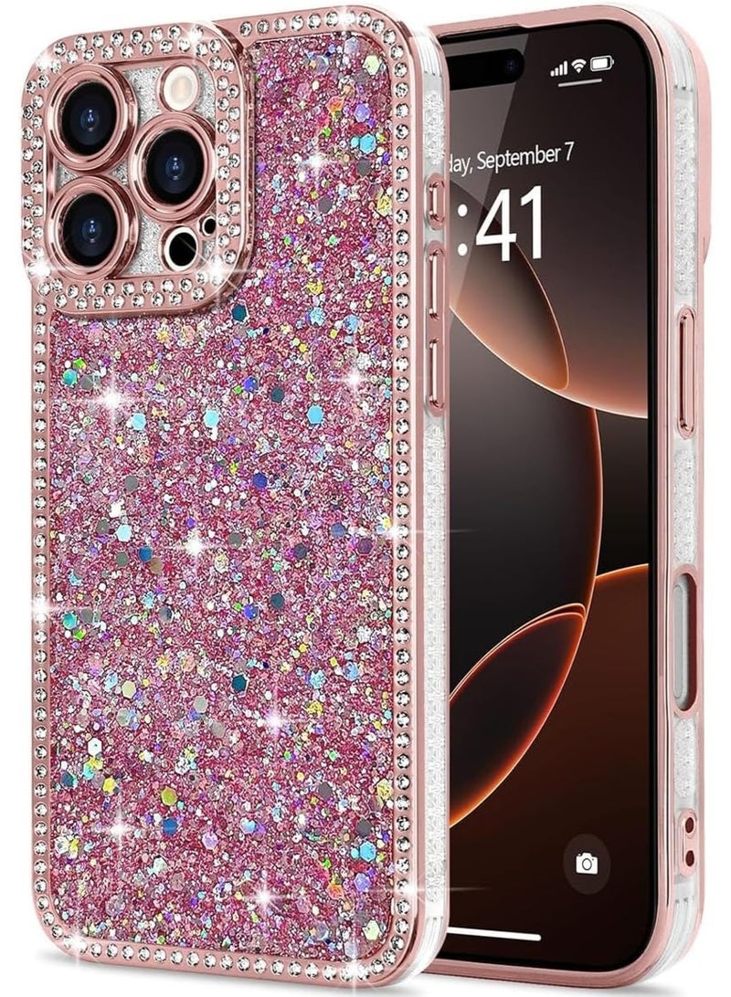 IPhone 16 Pro Case, Luxury Shiny Bling Sparkly Bumper Cover with Crystal Diamonds for Women Girls Soft Slim Shockproof Protective Phone Case (Pink, 16 Pro) - Image 1