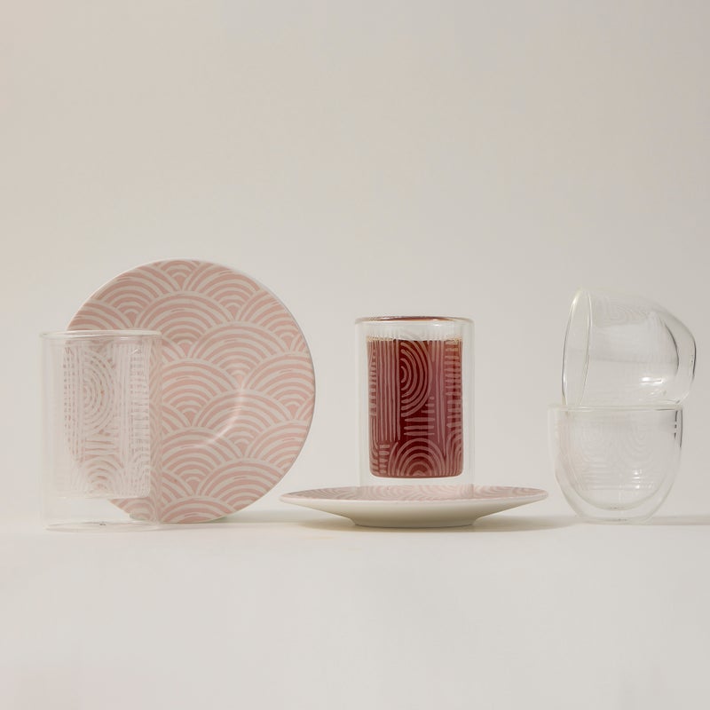 دلتي طقم أكواب شاي وفناجين قهوة سعودية زجاج وبورسلان أبيض 18 قطعة - Image 1