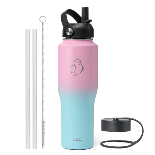 BUZIO Stainless Steel Water Bottle Vacuum Insulated (Cold for 48 Hrs, Hot for 24 Hrs),32oz Tumbler Travel Flask with Straw Lid and Flex Cap, Fit in Any Car Cup Holder,Bubble Gum - Image 1