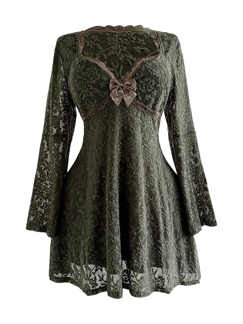 BEAUDRM Women's Y2k Plus Size Hippie Vintage Boho Dress Leopard Bell Long Sleeve V Neck Bow Mesh Goth Mini Dresses Dark Green XX-Large Plus - Image 1