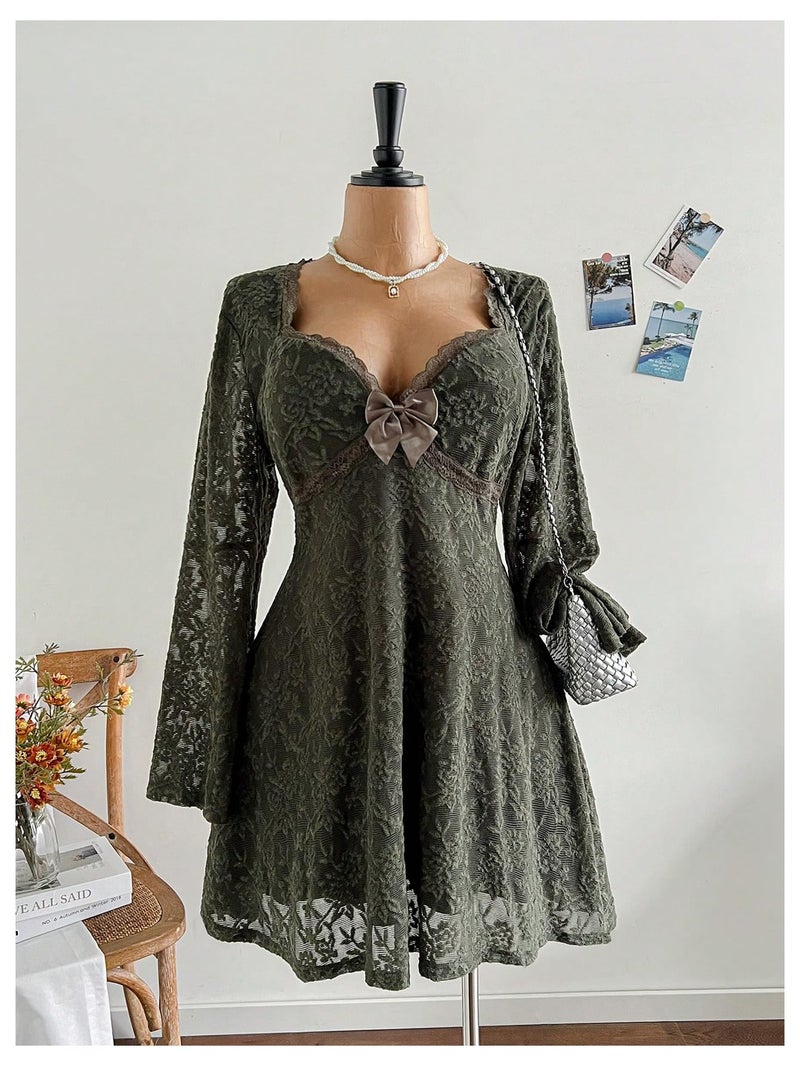 BEAUDRM Women's Y2k Plus Size Hippie Vintage Boho Dress Leopard Bell Long Sleeve V Neck Bow Mesh Goth Mini Dresses Dark Green XX-Large Plus - Image 3