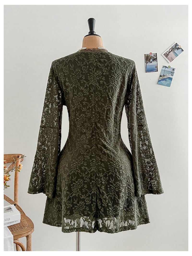 BEAUDRM Women's Y2k Plus Size Hippie Vintage Boho Dress Leopard Bell Long Sleeve V Neck Bow Mesh Goth Mini Dresses Dark Green XX-Large Plus - Image 2