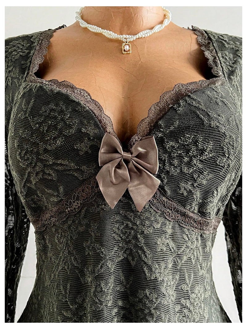 BEAUDRM Women's Y2k Plus Size Hippie Vintage Boho Dress Leopard Bell Long Sleeve V Neck Bow Mesh Goth Mini Dresses Dark Green XX-Large Plus - Image 5
