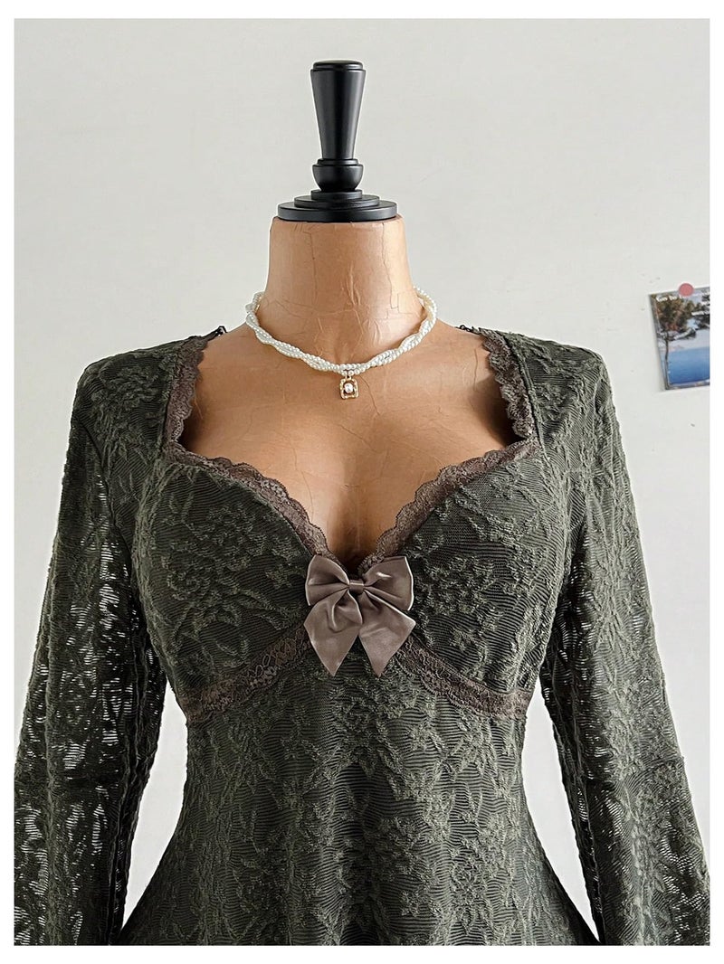 BEAUDRM Women's Y2k Plus Size Hippie Vintage Boho Dress Leopard Bell Long Sleeve V Neck Bow Mesh Goth Mini Dresses Dark Green XX-Large Plus - Image 4