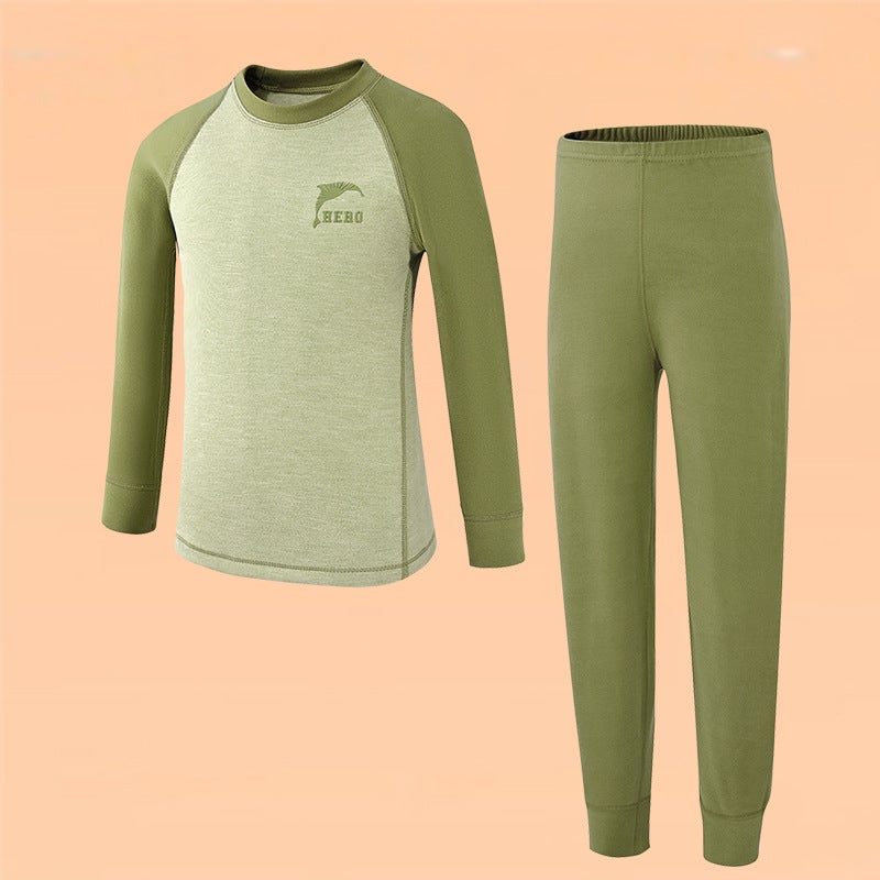 Teenagers Warm Suit Big Children Yang Velvet Double-Sided Sanding Autumn Clothes Autumn Trousers Home Base Shirt Monochrome Printing - Image 1