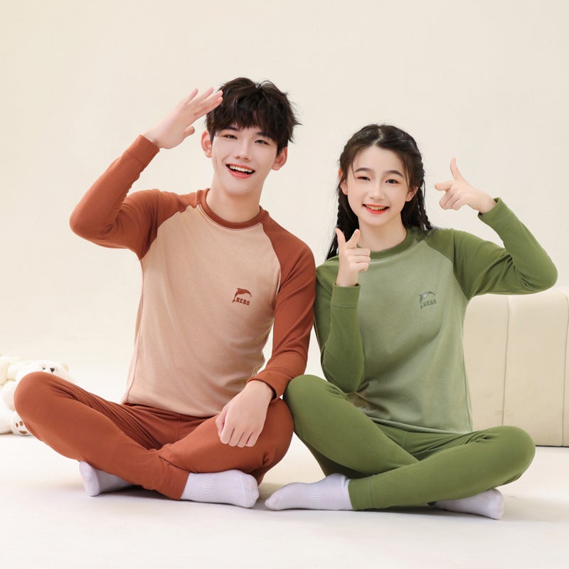 Teenagers Warm Suit Big Children Yang Velvet Double-Sided Sanding Autumn Clothes Autumn Trousers Home Base Shirt Monochrome Printing - Image 4