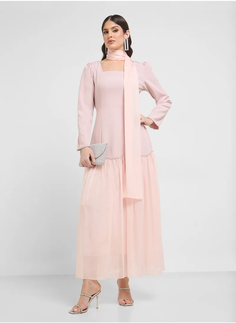 Khizana Dress With Embellished Hem & Scarf
