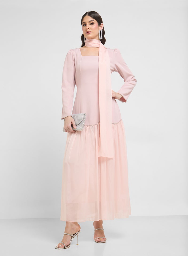 Khizana Dress With Embellished Hem & Scarf  - Image 1