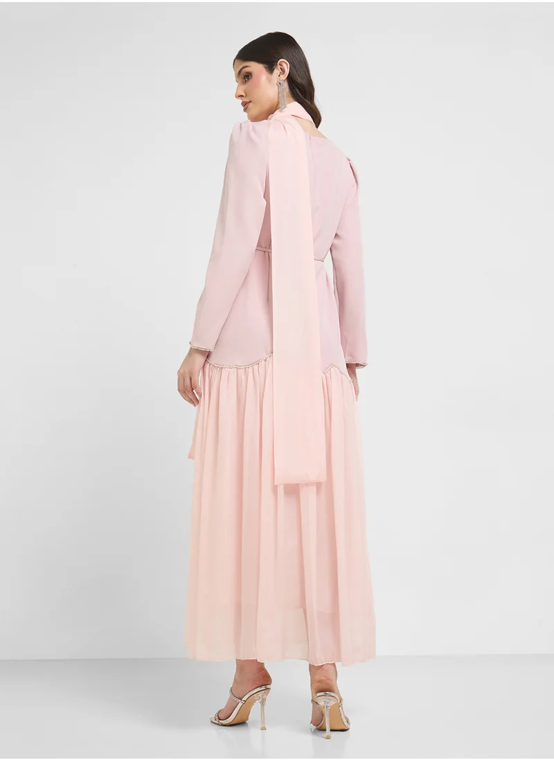 Khizana Dress With Embellished Hem & Scarf