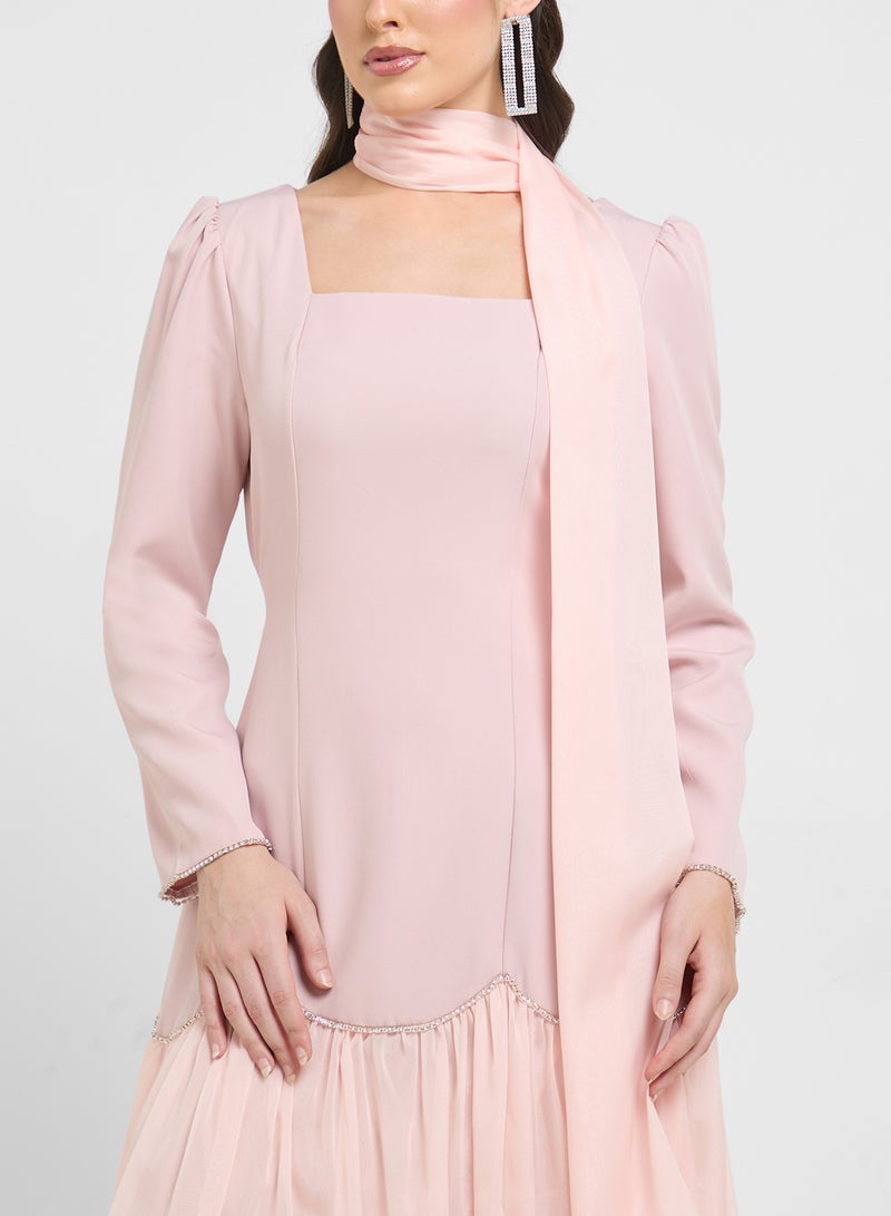 Khizana Dress With Embellished Hem & Scarf  - Image 3