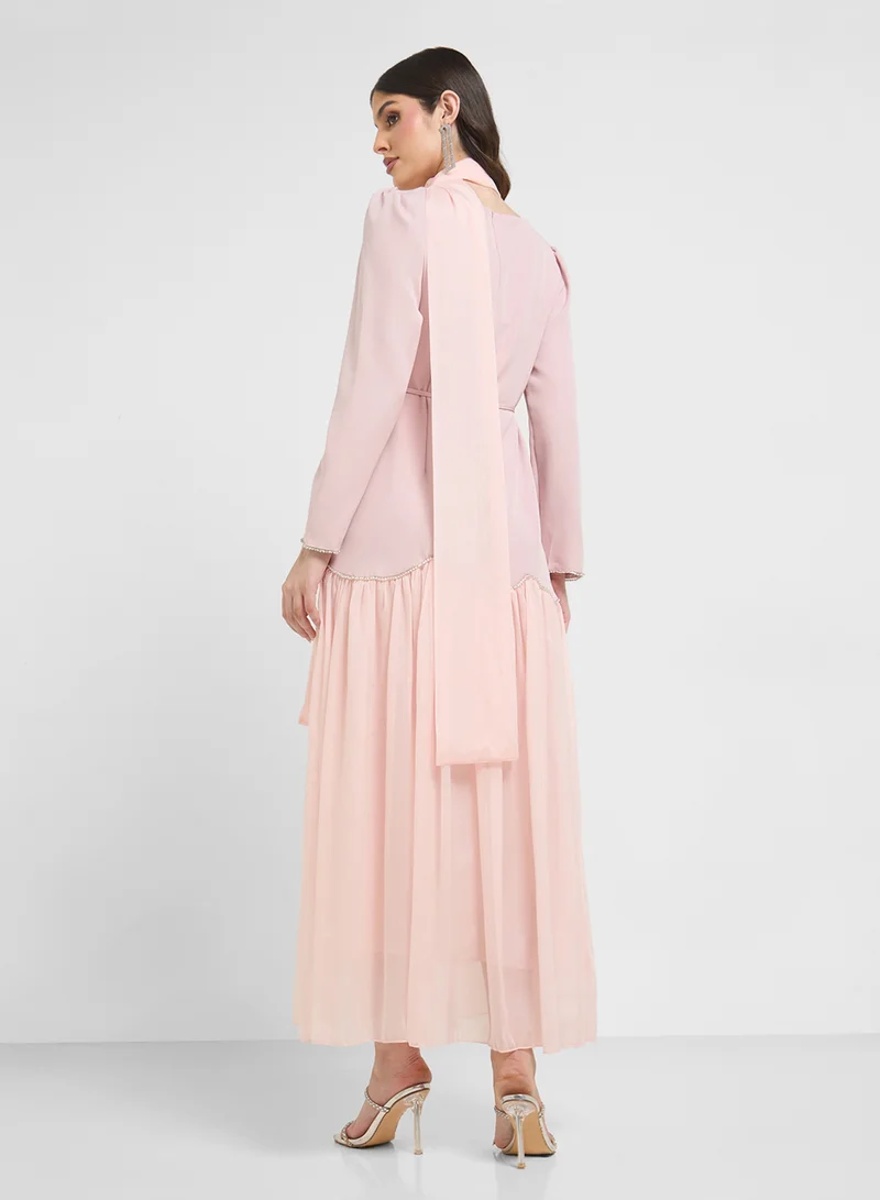 Khizana Dress With Embellished Hem & Scarf