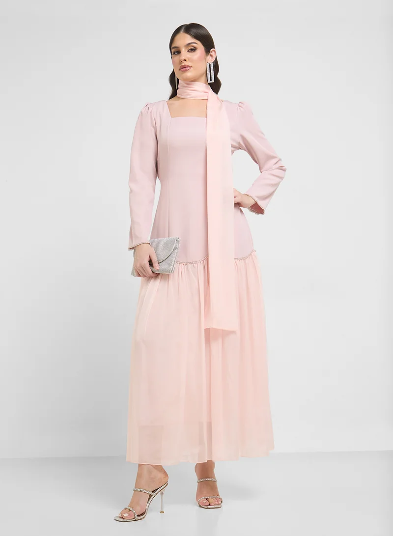 Khizana Dress With Embellished Hem & Scarf