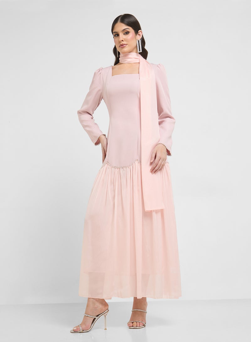 Khizana Dress With Embellished Hem & Scarf  - Image 4