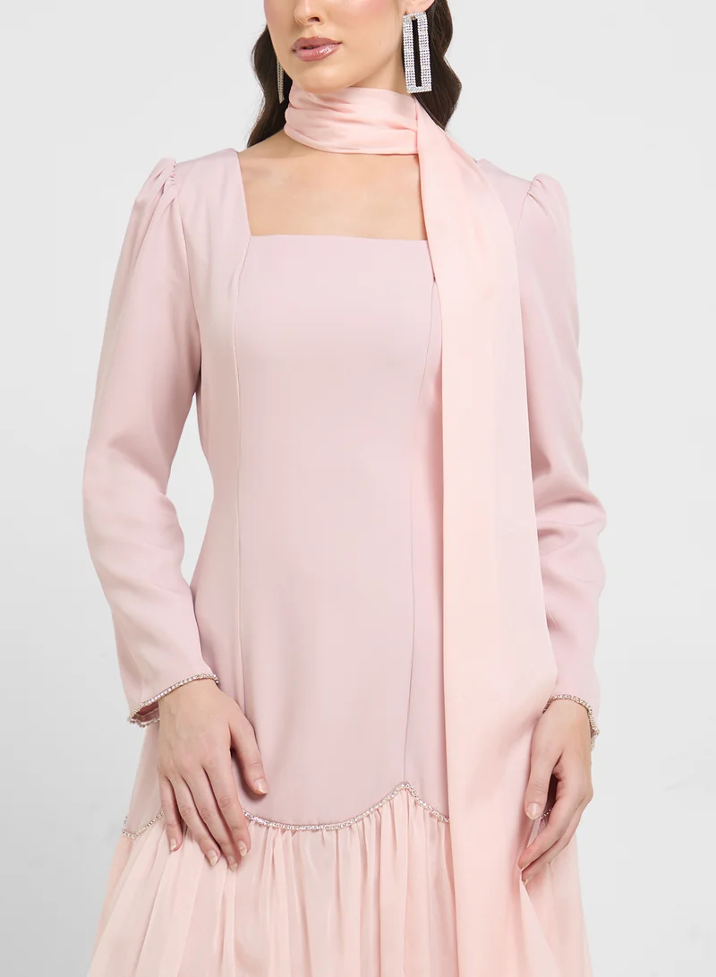 Khizana Dress With Embellished Hem & Scarf