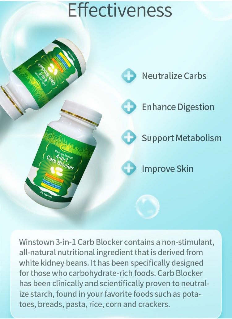 Wins Town - Maximum Strength 4 In 1 Carb Blocker, Natural Nutreints Skin Whitening Digestion Improvemnt Tablets, Effective Healthy Carb Intercept Capsules Dietary Supplement For Neutralizing Carbs - Image 1