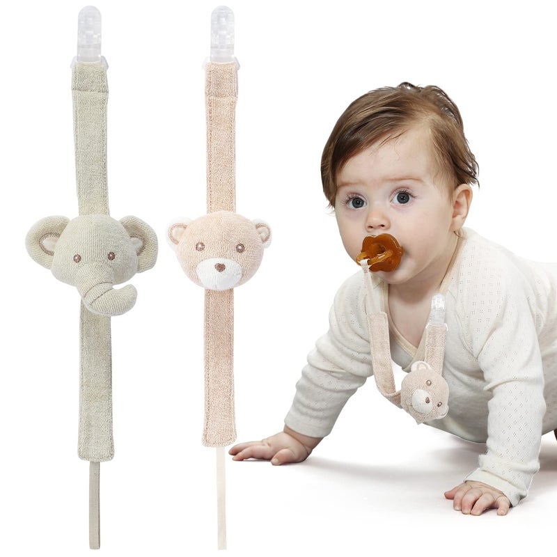 COTTONBEBE Pacifier Clip, 2 Pack Baby Pacifier Holder for Boys and Girls Fits Many Pacifiers & Baby Teething Toys, Ideal Baby Gift (Elephant & Bear) - Image 1