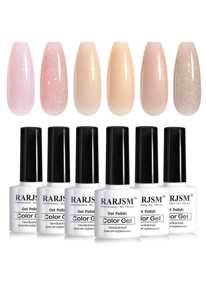 RARJSM Glitter Nude Gel Polish 6Pcs Set Pale Pink Milky Jelly Cashmere Pink Beige Apricot Champagne Brown Shimmer Iridescent Holographic Gel Nail Polish 7.5Ml Translucent Natural Soak Off Uv Led Cured - Image 1