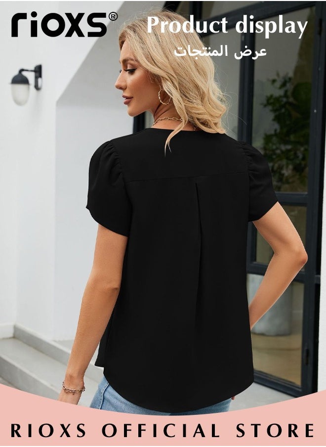 RIOXS - Women's Summer Casual Short Sleeve V-Neck Collared Shirts Fashion Loose Business Chiffon Blouses - Image 1