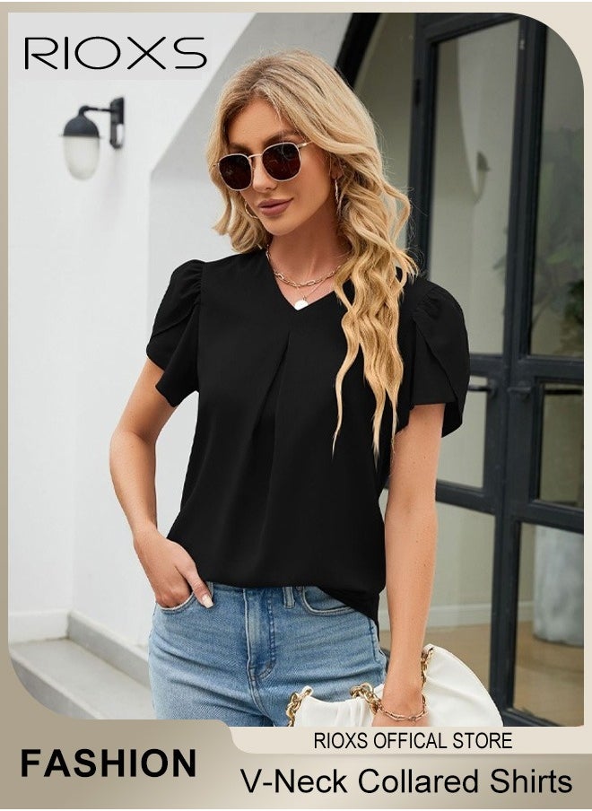RIOXS - Women's Summer Casual Short Sleeve V-Neck Collared Shirts Fashion Loose Business Chiffon Blouses - Image 1