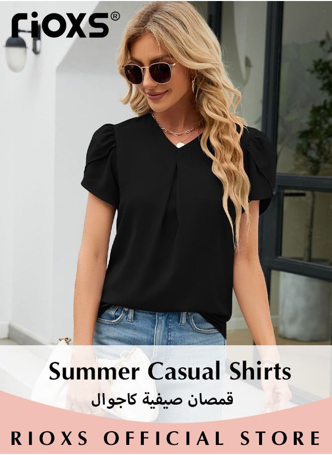 RIOXS - Women's Summer Casual Short Sleeve V-Neck Collared Shirts Fashion Loose Business Chiffon Blouses - Image 1