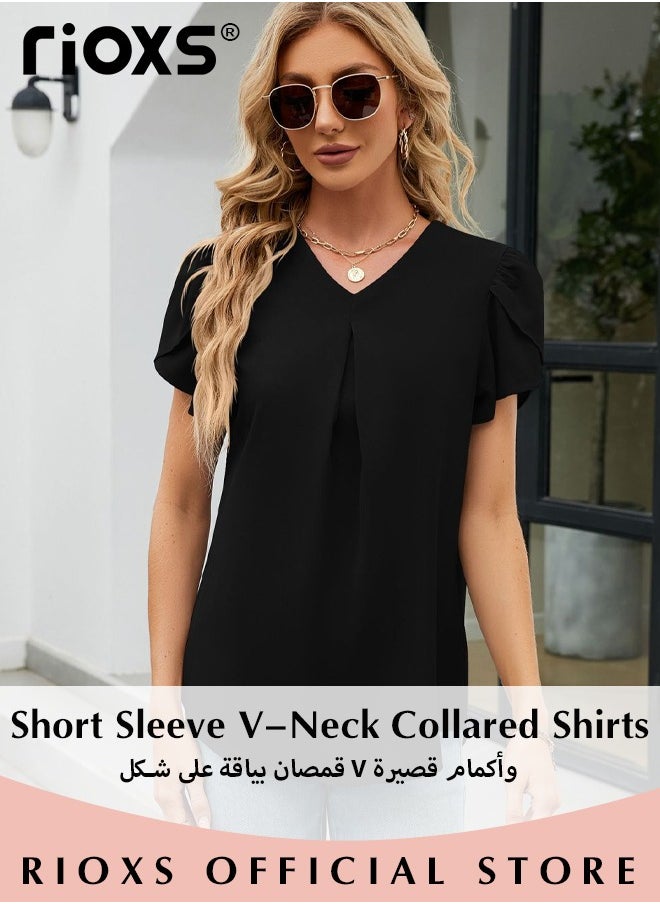 RIOXS - Women's Summer Casual Short Sleeve V-Neck Collared Shirts Fashion Loose Business Chiffon Blouses - Image 1