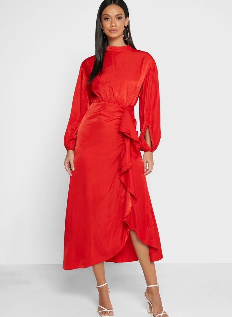 ELLA Satin Ruffle Midi Dress  - Image 1