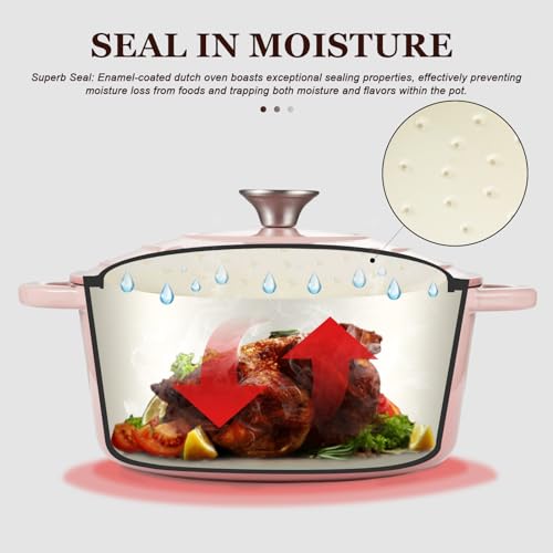Overmont Enameled Cast Iron Dutch Oven - 4.5QT Pot with Lid Cookbook & Cotton Potholders - Heavy-Duty Cookware for Braising, Stews, Roasting, Bread Baking pink - Image 2