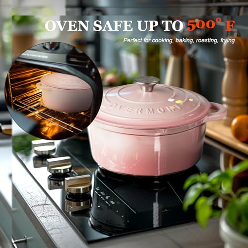 Overmont Enameled Cast Iron Dutch Oven - 4.5QT Pot with Lid Cookbook & Cotton Potholders - Heavy-Duty Cookware for Braising, Stews, Roasting, Bread Baking pink - Image 5