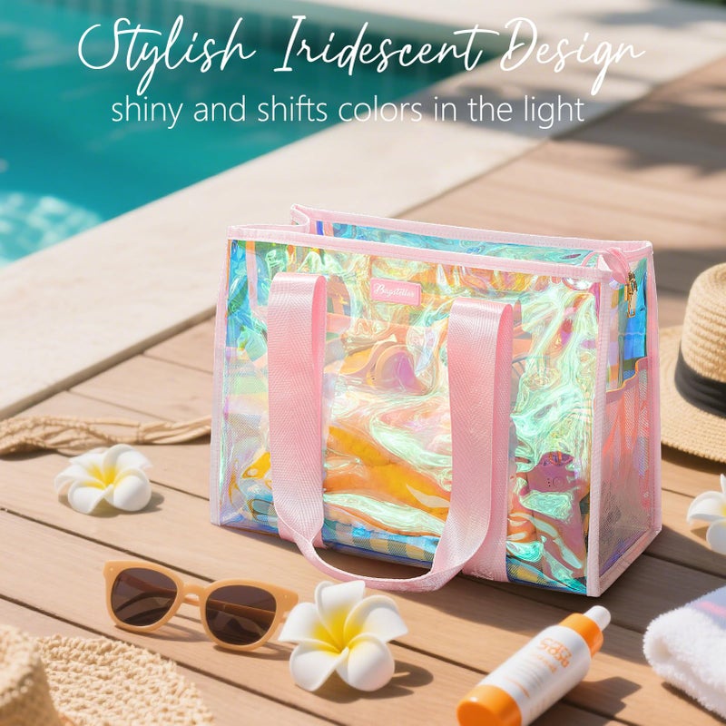 Bagstellar Beach Bags for Women, 3 PCS Large Iridescent Clear Beach Tote Bag with Zipper, Makeup Bag & Waterproof Phone Pouch Case, Sandproof Crossbody Swim Pool Bag Summer Vacation Travel Essentials - Image 5
