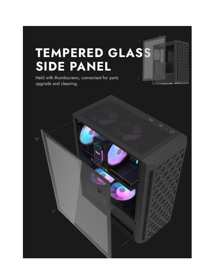 DarkFlash - Darkflash DK350  Gaming PC Case With 4 ARGB Pre-Installed Fan, Tempered Glass Panel, USB3.0, Hexagon Shaped Front Panel, Includes Dust Filter,  ATX M-ATX Mini ITX Computer Case - Image 1