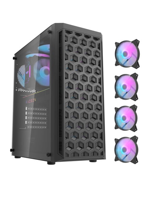 Darkflash DK350  Gaming PC Case With 4 ARGB Pre-Installed Fan, Tempered Glass Panel, USB3.0, Hexagon Shaped Front Panel, Includes Dust Filter,  ATX M-ATX Mini ITX Computer Case