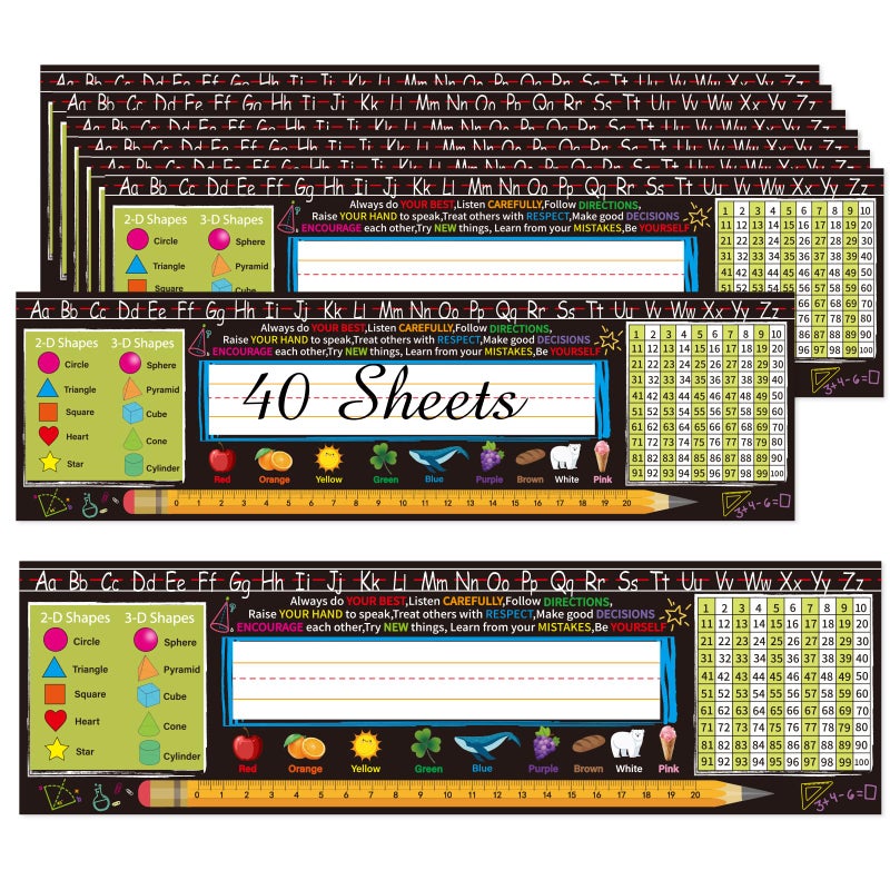 starboling Desk Nameplates,40pcs Name Tags for Classroom,Waterproof Multipurpose Manuscript Students Name Plates for desks Classroom with Multiplication,Fractions and Percentages Table(Black Style) - Image 1