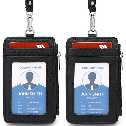 Leamekor ID Badge Holder with Neck Lanyard PU Leather ID Badge Wallet Case with 1 ID Window, 4 Card Slots, 1 Side Zipper Pocket (2PCS Black) - Image 1