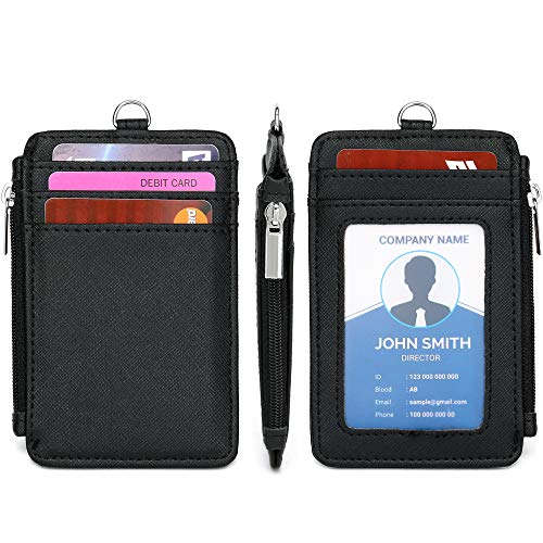 Leamekor ID Badge Holder with Neck Lanyard PU Leather ID Badge Wallet Case with 1 ID Window, 4 Card Slots, 1 Side Zipper Pocket (2PCS Black) - Image 3