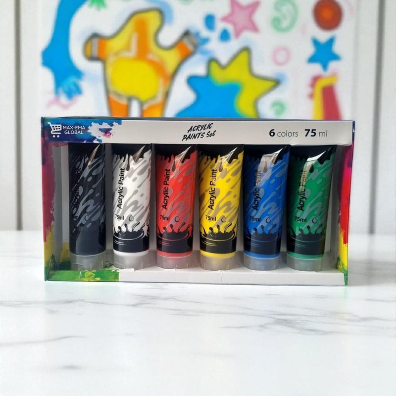 MAX-EMA GLOBAL MAX-EMA Acrylic Paint Set Pack Of 6x75ml Tubes Non-toxic Paint For Canvas, Wood, Fabric, Paper, Rock, Leather, Craft Supplies Artist Painting Kit For Adults, Kids & Beginners - Image 3