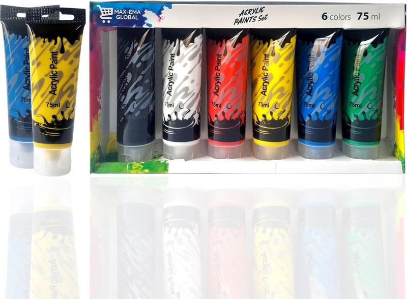 MAX-EMA GLOBAL MAX-EMA Acrylic Paint Set Pack Of 6x75ml Tubes Non-toxic Paint For Canvas, Wood, Fabric, Paper, Rock, Leather, Craft Supplies Artist Painting Kit For Adults, Kids & Beginners - Image 1