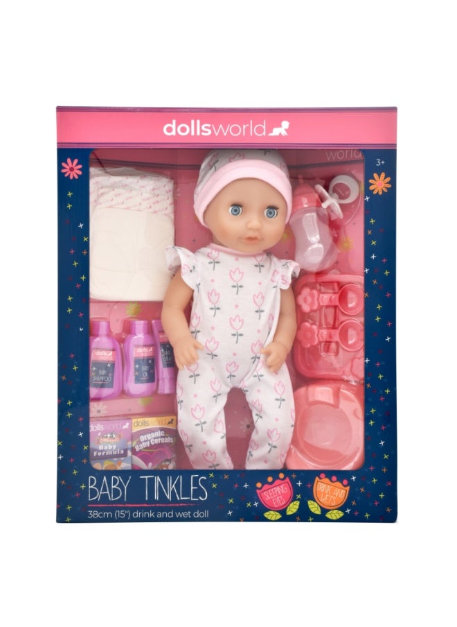 dolls world Baby Tinkles 15 inch Drink & With et Doll Sleeping Eyes Deluxe Outfit from Peterkin gift for kids of Age above 18 months  - Image 1