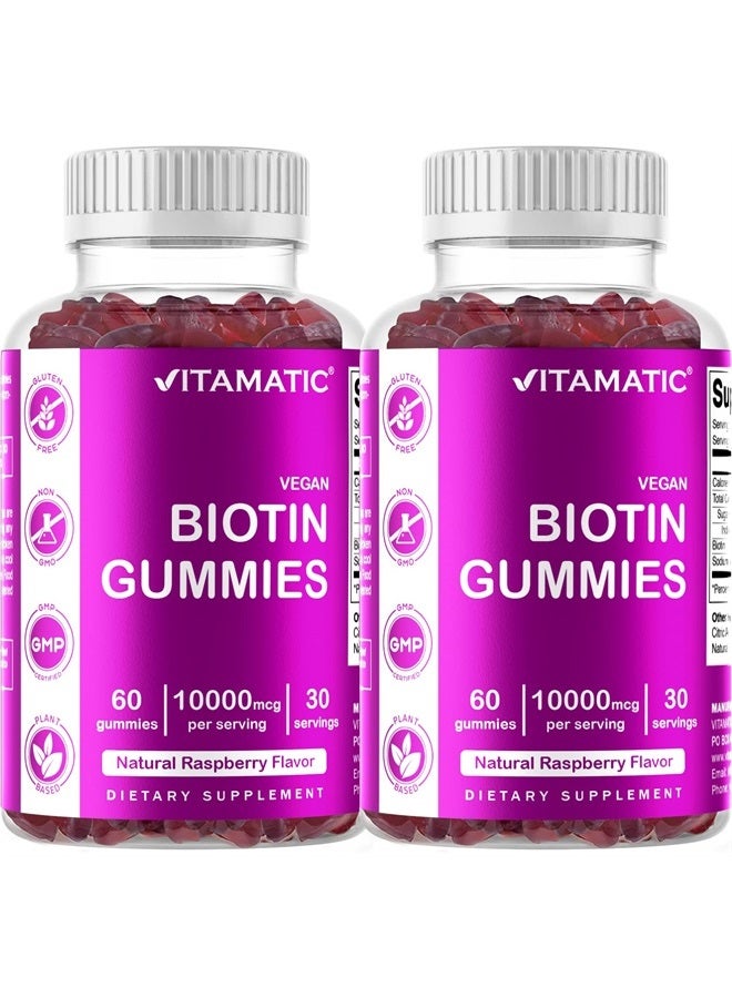 Vitamatic Biotin Gummies 10,000 mcg for Stronger Hair, Skin & Nails - 60 Vegan Gummies - Also Called Vitamin B7 (2 Bottles) - Image 1
