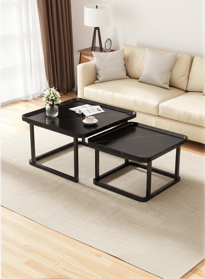 XiuWoo Nesting Square Coffee Table Modern Luxury Coffee Table Set of 2 60cm 50cm Black Marble Finish Minimalist Tea Table for Small Spaces Living Room Office Side Tables with Storage Home Decor - Image 1