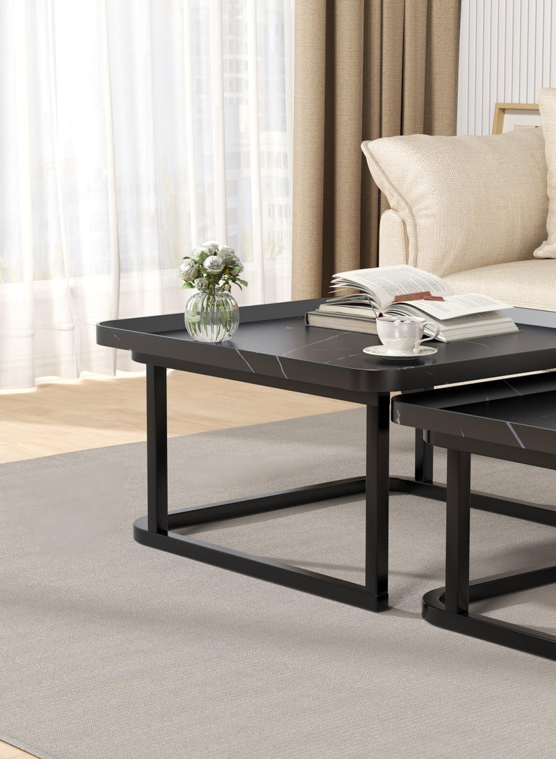 XiuWoo Nesting Square Coffee Table Modern Luxury Coffee Table Set of 2 60cm 50cm Black Marble Finish Minimalist Tea Table for Small Spaces Living Room Office Side Tables with Storage Home Decor - Image 3