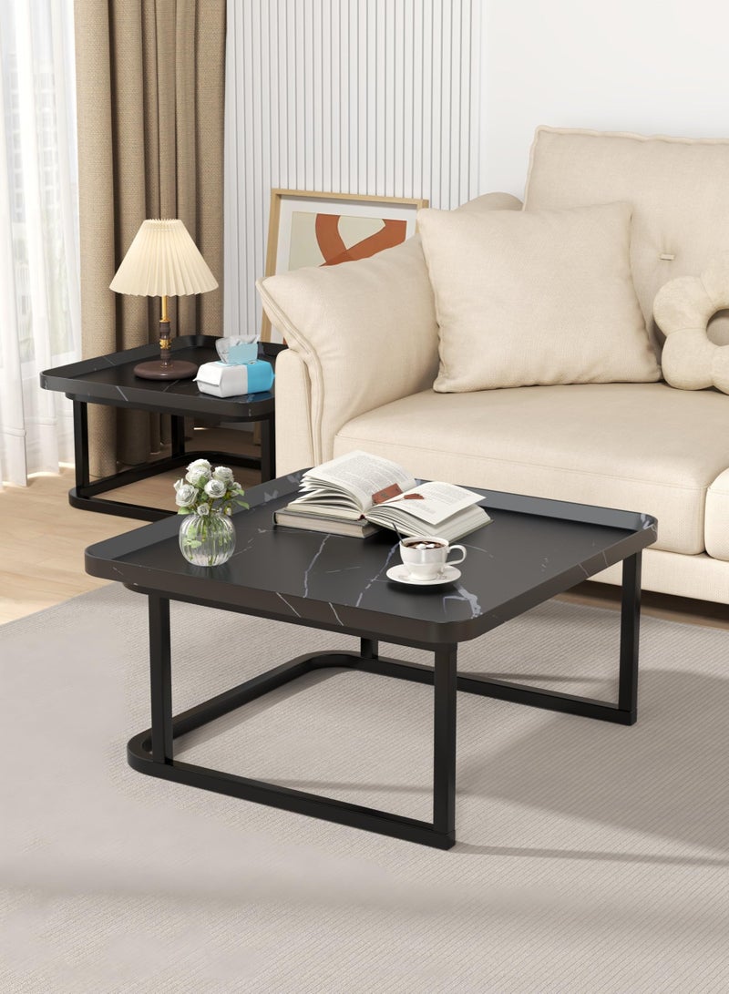 XiuWoo Nesting Square Coffee Table Modern Luxury Coffee Table Set of 2 60cm 50cm Black Marble Finish Minimalist Tea Table for Small Spaces Living Room Office Side Tables with Storage Home Decor - Image 2